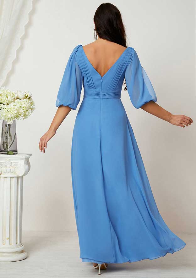 Floor-Length Chiffon Mother Of The Bride Dress, A-Line Cut, V-Neck, Half Sleeve, With Pleats BM bride