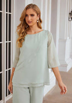 Long Chiffon Mother of the Bride Dress with Cascading Ruffles, 3/4 Sleeve Jumpsuit/Pantsuit BM bride