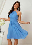 A-Line Halter Sleeveless Chiffon Bridesmaid Dress, Knee-Length With Pleats BM bride