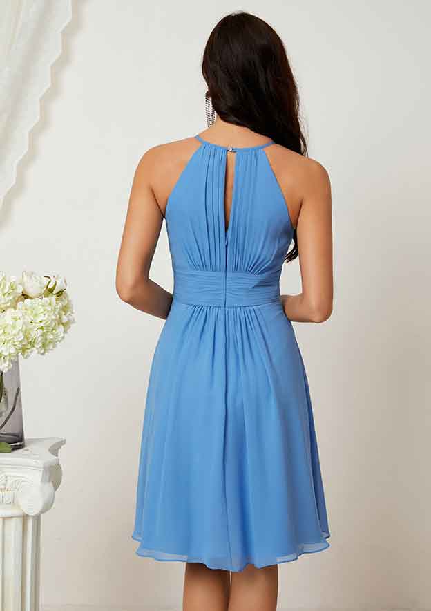 A-Line Halter Sleeveless Chiffon Bridesmaid Dress, Knee-Length With Pleats BM bride