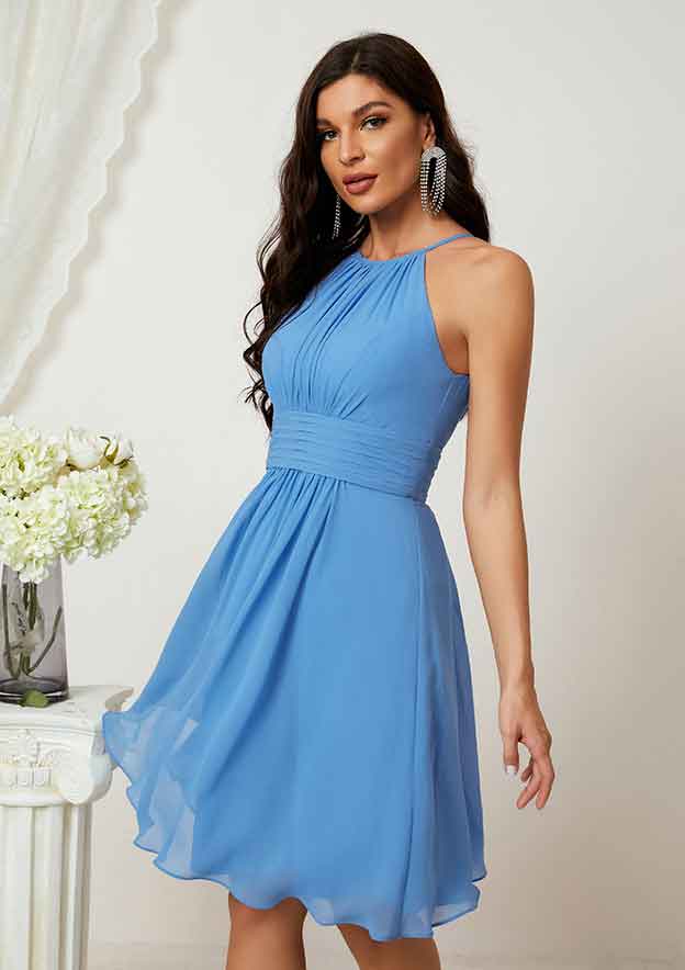 A-Line Halter Sleeveless Chiffon Bridesmaid Dress, Knee-Length With Pleats BM bride