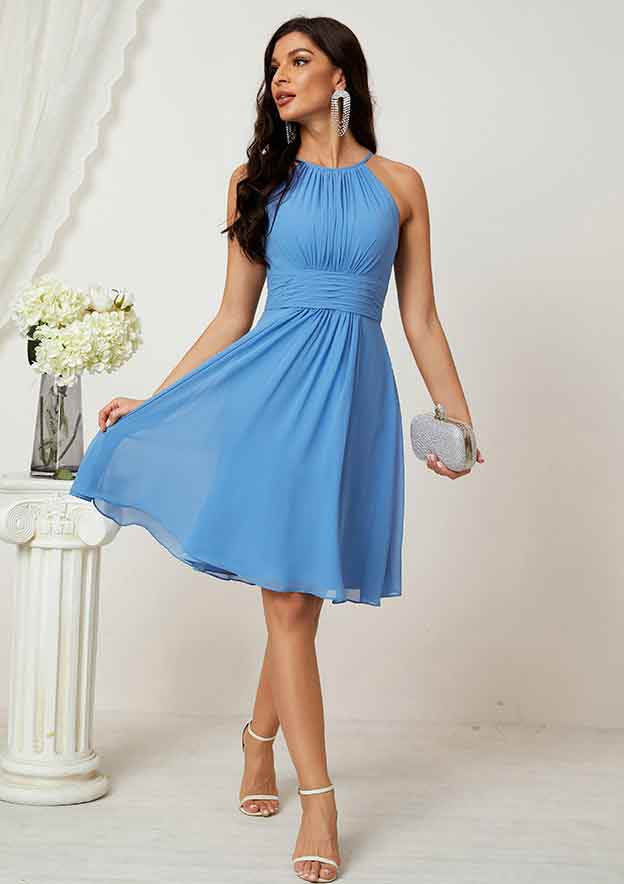 A-Line Halter Sleeveless Chiffon Bridesmaid Dress, Knee-Length With Pleats BM bride