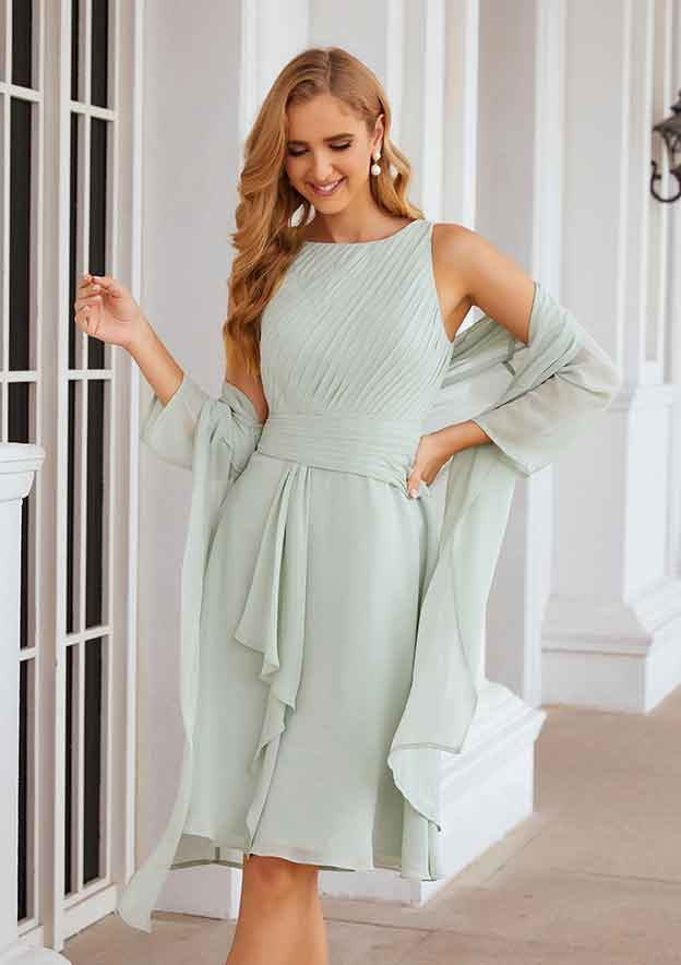 Knee-Length Chiffon Mother of the Bride Dress with Pleated and Jacket, Scoop Neck A-line BM bride