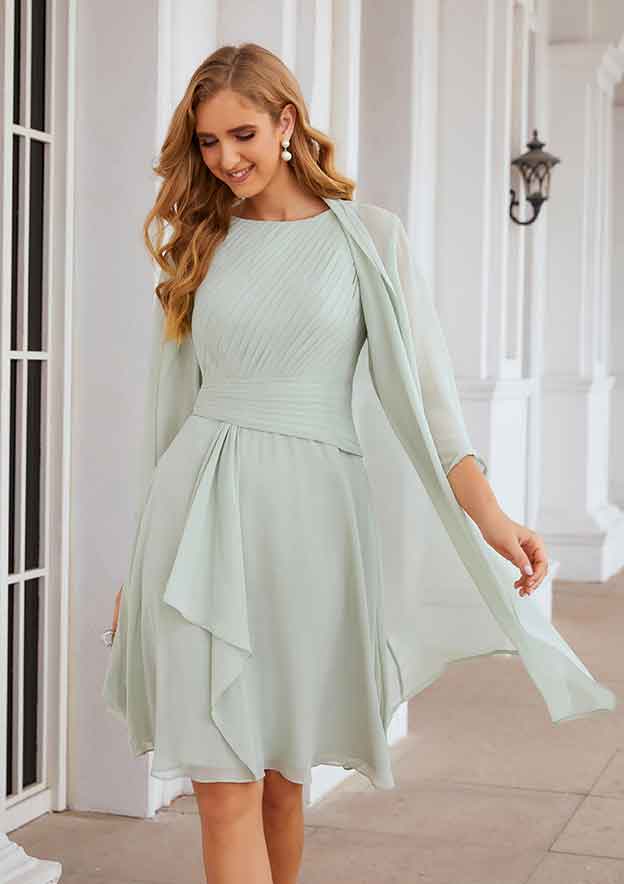 Knee-Length Chiffon Mother of the Bride Dress with Pleated and Jacket, Scoop Neck A-line BM bride