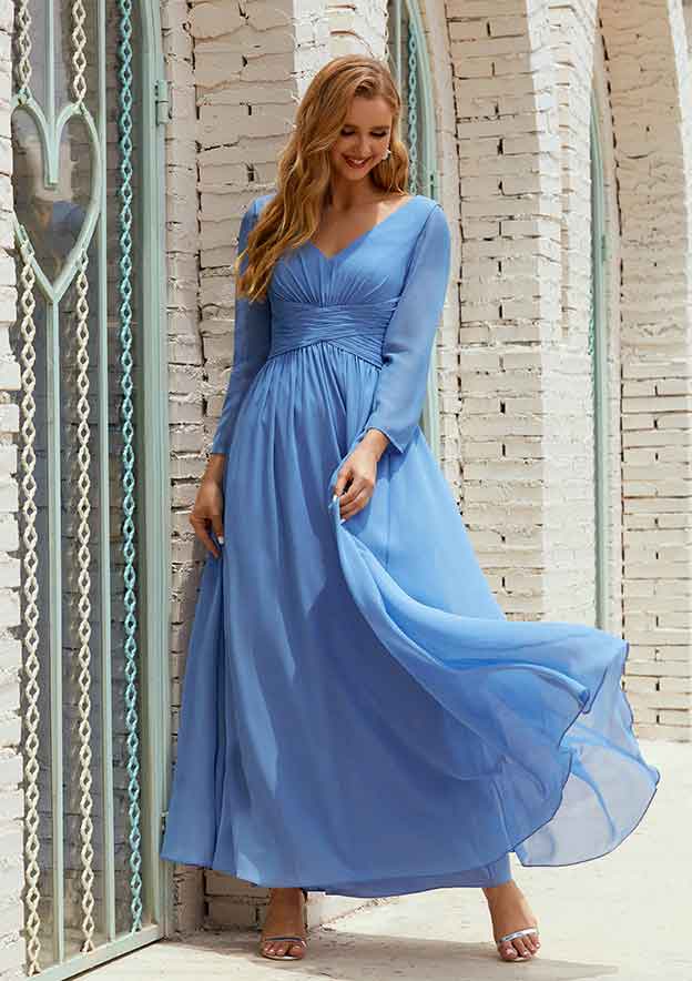 Ankle-Length Chiffon Mother of the Bride Dress with Pleated, Full/Long Sleeve V Neck A-line BM bride