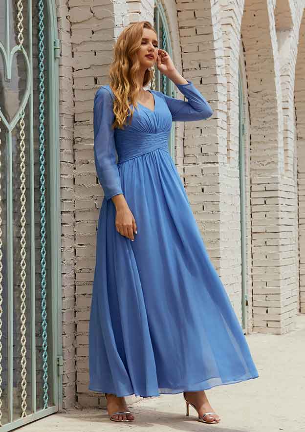 Ankle-Length Chiffon Mother of the Bride Dress with Pleated, Full/Long Sleeve V Neck A-line BM bride