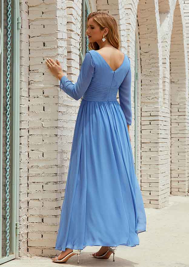 Ankle-Length Chiffon Mother of the Bride Dress with Pleated, Full/Long Sleeve V Neck A-line BM bride