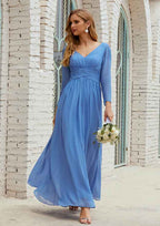 Ankle-Length Chiffon Mother of the Bride Dress with Pleated, Full/Long Sleeve V Neck A-line BM bride