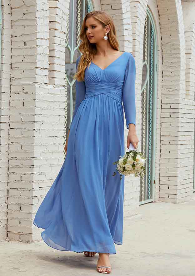Ankle-Length Chiffon Mother of the Bride Dress with Pleated, Full/Long Sleeve V Neck A-line BM bride
