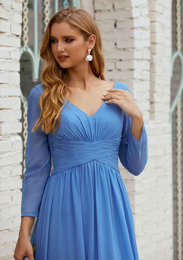 Ankle-Length Chiffon Mother of the Bride Dress with Pleated, Full/Long Sleeve V Neck A-line BM bride
