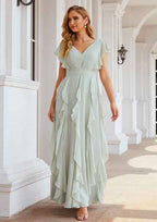 V-Neck A-Line Floor-Length Chiffon Bridesmaid Dress, Short Sleeves With Pleats And Ruffles BM bride