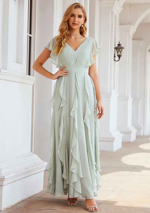 V-Neck A-Line Floor-Length Chiffon Bridesmaid Dress, Short Sleeves With Pleats And Ruffles BM bride