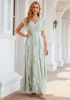 V-Neck A-Line Floor-Length Chiffon Bridesmaid Dress, Short Sleeves With Pleats And Ruffles BM bride