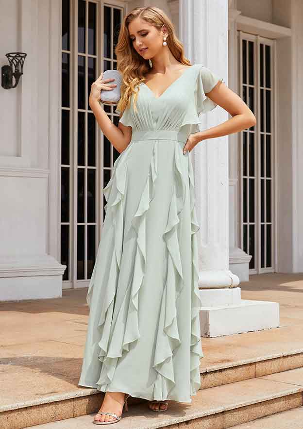 V-Neck A-Line Floor-Length Chiffon Bridesmaid Dress, Short Sleeves With Pleats And Ruffles BM bride