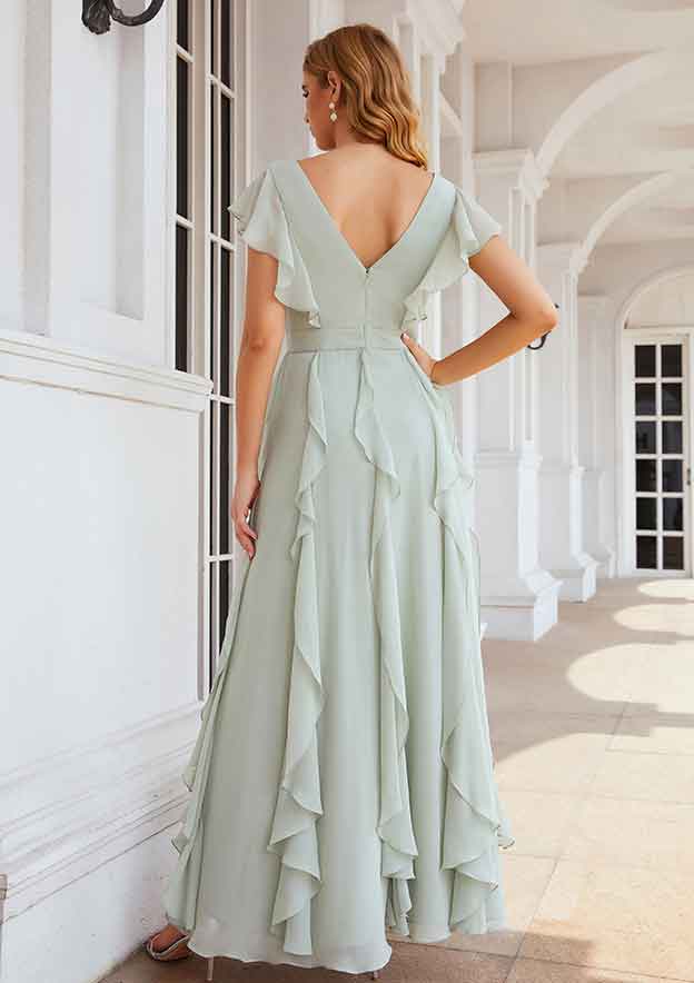 V-Neck A-Line Floor-Length Chiffon Bridesmaid Dress, Short Sleeves With Pleats And Ruffles BM bride