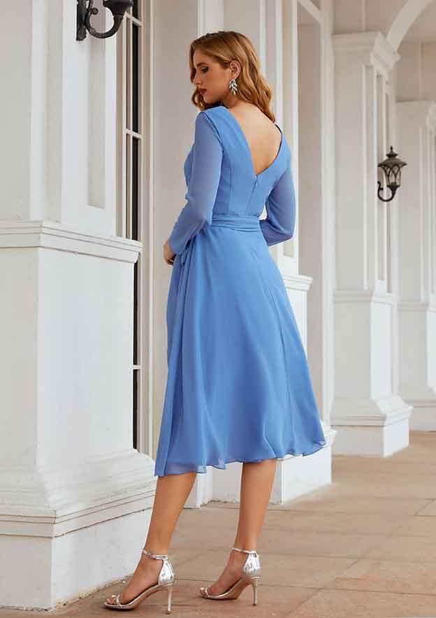 Tea-Length Chiffon Mother of the Bride Dress with Pleated Waistband, Full/Long Sleeve V Neck A-line BM bride