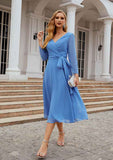 Tea-Length Chiffon Mother of the Bride Dress with Pleated Waistband, Full/Long Sleeve V Neck A-line BM bride