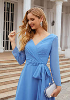 Tea-Length Chiffon Mother of the Bride Dress with Pleated Waistband, Full/Long Sleeve V Neck A-line BM bride