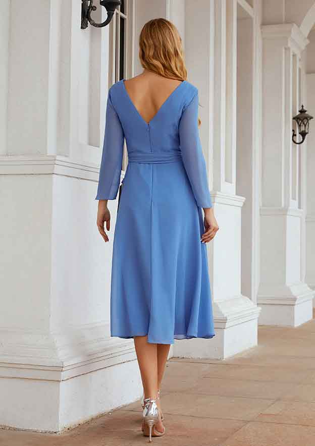Tea-Length Chiffon Mother of the Bride Dress with Pleated Waistband, Full/Long Sleeve V Neck A-line BM bride
