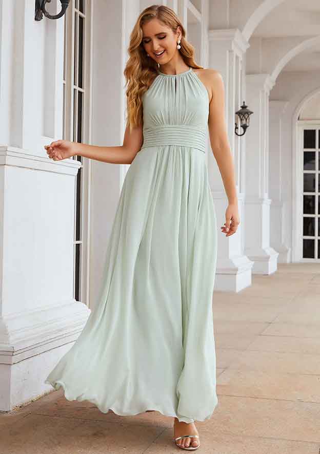A-Line Halter Floor-Length Sleeveless Chiffon Bridesmaid Dress With Pleats BM bride