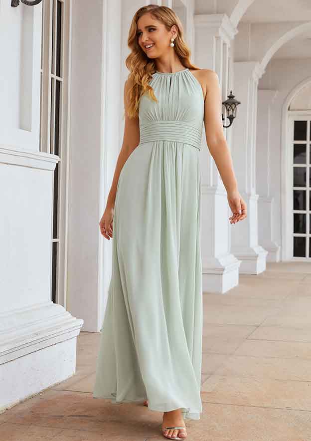 A-Line Halter Floor-Length Sleeveless Chiffon Bridesmaid Dress With Pleats BM bride