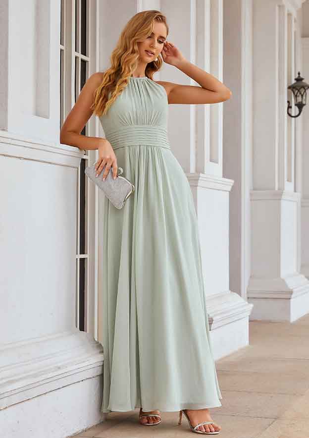 A-Line Halter Floor-Length Sleeveless Chiffon Bridesmaid Dress With Pleats BM bride