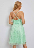 Radiant A-Line V-Neck Sleeveless Tulle Mini Sparkly Prom Dress With Glitter And Lace Appliqued Details BM bride