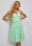 Radiant A-Line V-Neck Sleeveless Tulle Mini Sparkly Prom Dress With Glitter And Lace Appliqued Details BM bride