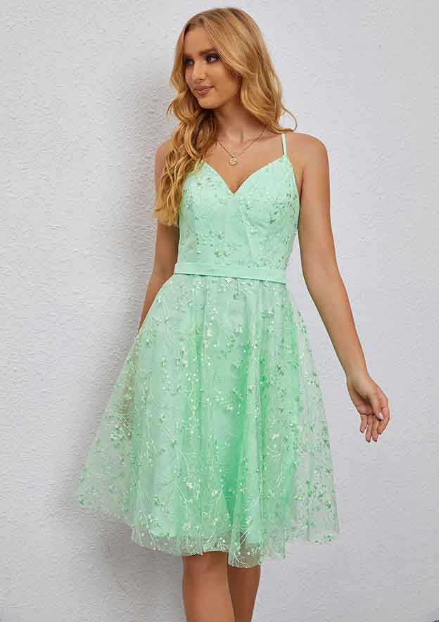Radiant A-Line V-Neck Sleeveless Tulle Mini Sparkly Prom Dress With Glitter And Lace Appliqued Details BM bride