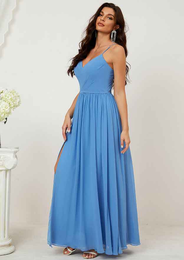 Long/Floor-Length Chiffon Bridesmaid Dress, A-Line/Princess Cut, V-Neck, Sleeveless, With Pleated Split BM bride