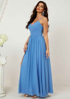Long/Floor-Length Chiffon Bridesmaid Dress, A-Line/Princess Cut, V-Neck, Sleeveless, With Pleated Split BM bride