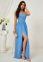 Long/Floor-Length Chiffon Bridesmaid Dress, A-Line/Princess Cut, V-Neck, Sleeveless, With Pleated Split BM bride