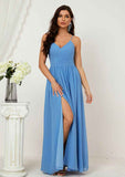 Long/Floor-Length Chiffon Bridesmaid Dress, A-Line/Princess Cut, V-Neck, Sleeveless, With Pleated Split BM bride