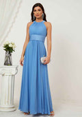 Long/Floor-Length Chiffon Bridesmaid Dress, A-Line Style, Halter Neck, Sleeveless, With Pleated BM bride