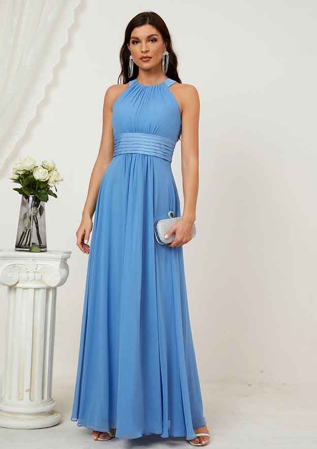 Long/Floor-Length Chiffon Bridesmaid Dress, A-Line Style, Halter Neck, Sleeveless, With Pleated BM bride
