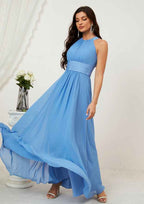 Long/Floor-Length Chiffon Bridesmaid Dress, A-Line Style, Halter Neck, Sleeveless, With Pleated BM bride