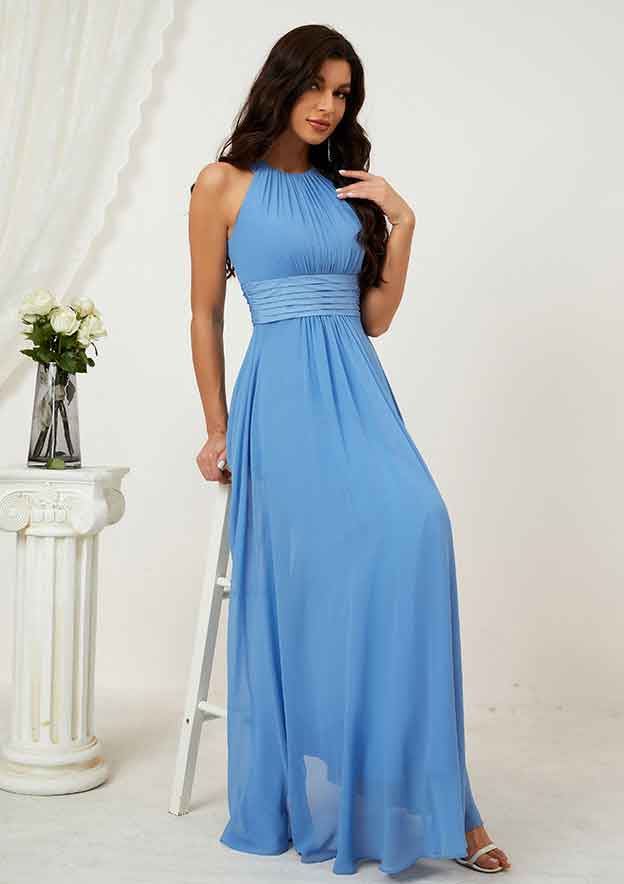 Long/Floor-Length Chiffon Bridesmaid Dress, A-Line Style, Halter Neck, Sleeveless, With Pleated BM bride