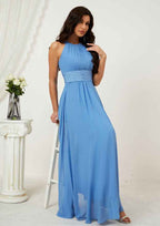 Long/Floor-Length Chiffon Bridesmaid Dress, A-Line Style, Halter Neck, Sleeveless, With Pleated BM bride