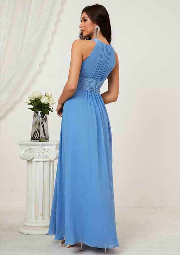 Long/Floor-Length Chiffon Bridesmaid Dress, A-Line Style, Halter Neck, Sleeveless, With Pleated BM bride