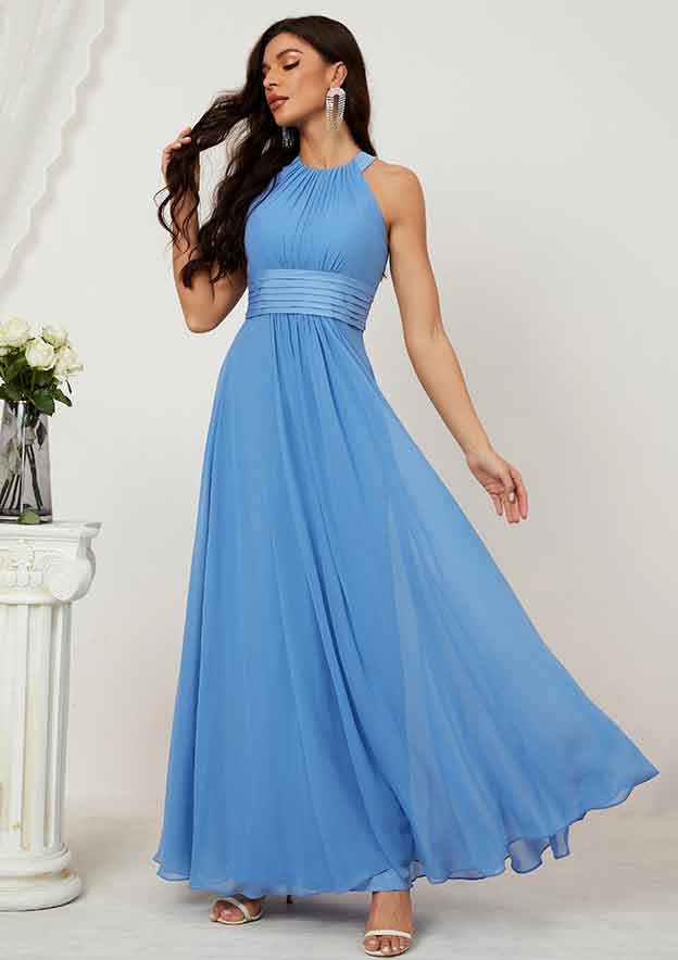 Long/Floor-Length Chiffon Bridesmaid Dress, A-Line Style, Halter Neck, Sleeveless, With Pleated BM bride