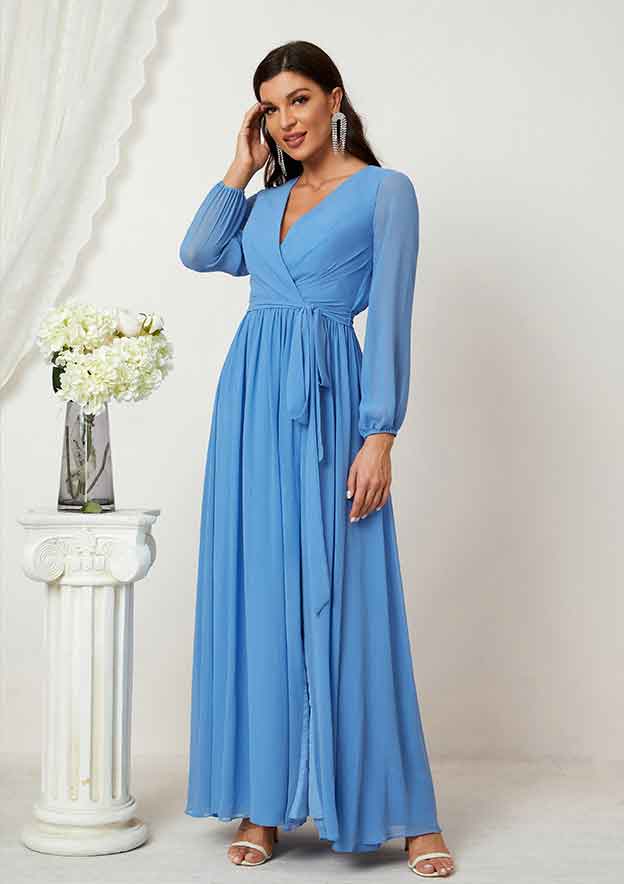 A-line V Neck Full/Long Sleeve Chiffon Long/Floor-Length Mother of the Bride Dress BM bride