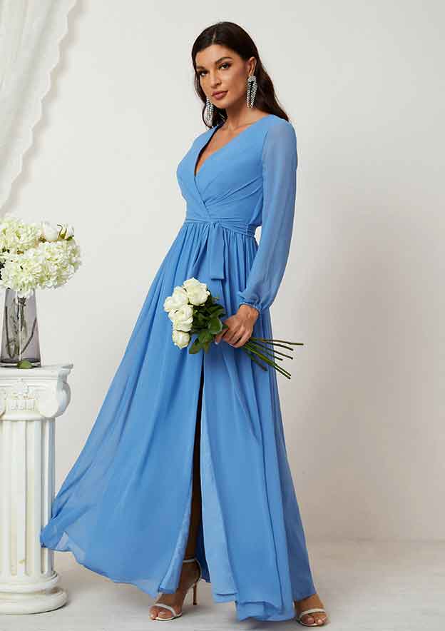 A-line V Neck Full/Long Sleeve Chiffon Long/Floor-Length Mother of the Bride Dress BM bride
