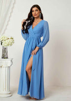 Long/Floor-Length Chiffon Mother Of The Bride Dress, A-Line Cut, V-Neck, Full/Long Sleeve BM bride