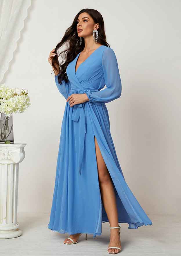 A-line V Neck Full/Long Sleeve Chiffon Long/Floor-Length Mother of the Bride Dress BM bride