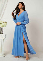 A-line V Neck Full/Long Sleeve Chiffon Long/Floor-Length Mother of the Bride Dress BM bride