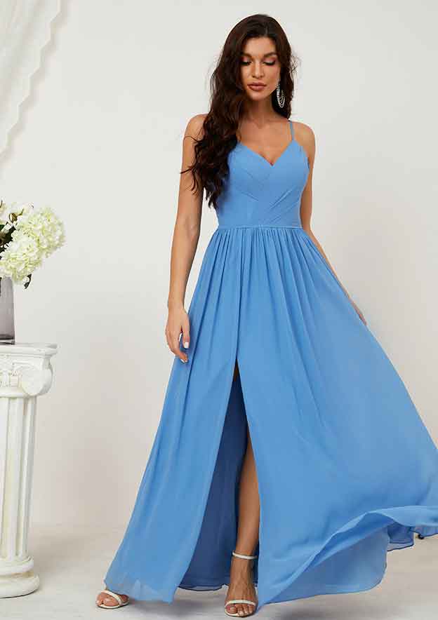 Long/Floor-Length Chiffon Bridesmaid Dress, A-Line/Princess Cut, V-Neck, Sleeveless, With Pleated Split BM bride