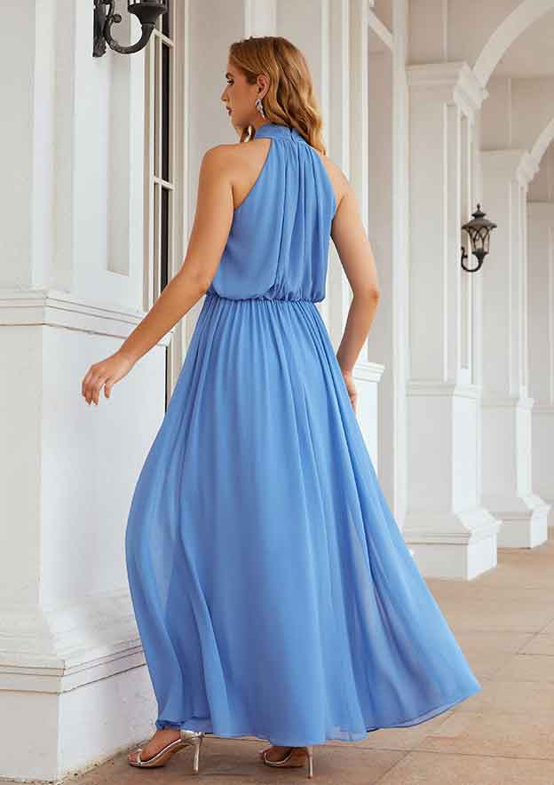 Long/Floor-Length Chiffon Bridesmaid Dress, A-Line Empire Cut, High-Neck, Sleeveless, With Pleated BM bride