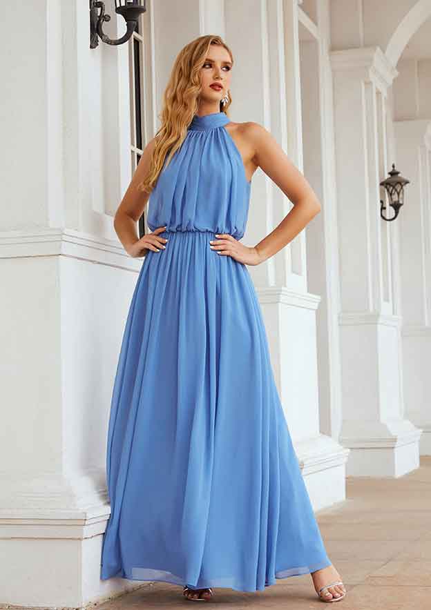 Long/Floor-Length Chiffon Bridesmaid Dress, A-Line Empire Cut, High-Neck, Sleeveless, With Pleated BM bride