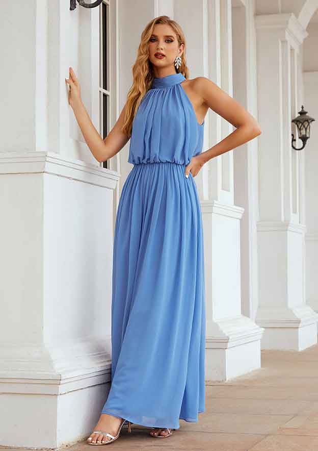 Long/Floor-Length Chiffon Bridesmaid Dress, A-Line Empire Cut, High-Neck, Sleeveless, With Pleated BM bride