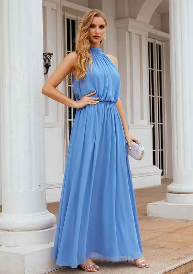 Long/Floor-Length Chiffon Bridesmaid Dress, A-Line Empire Cut, High-Neck, Sleeveless, With Pleated BM bride